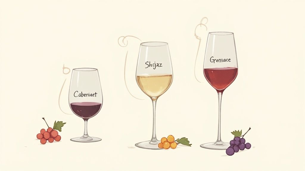 Three wine glasses showing different wine types and grape varieties: Cabernet, Shiraz, and Grenache.