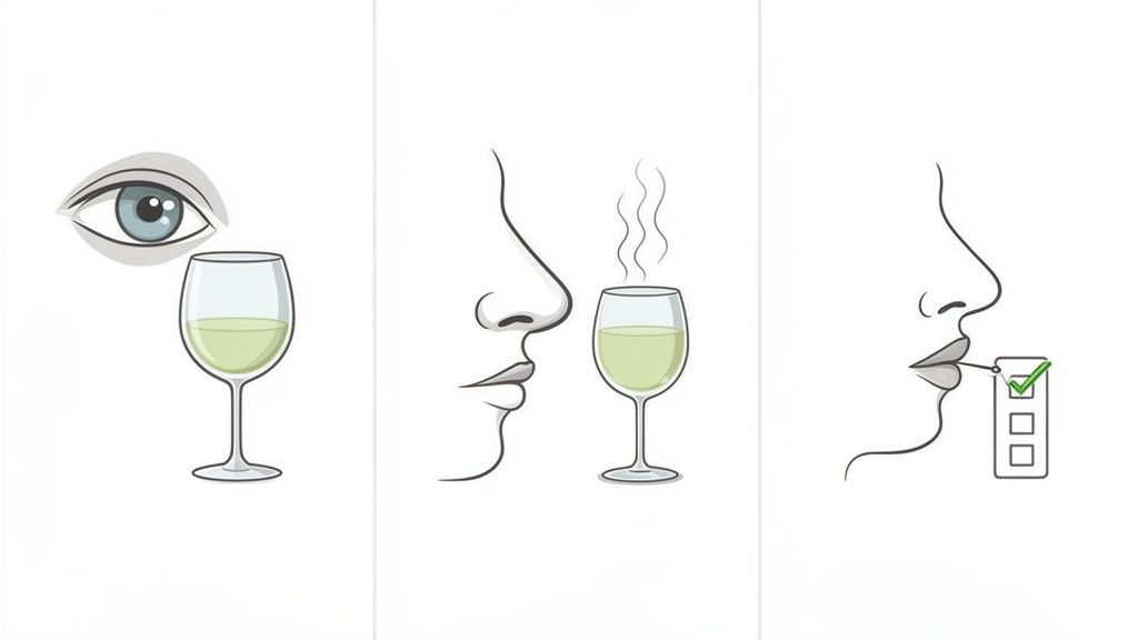 Three panels illustrate wine tasting steps: visual inspection, aromatic evaluation, and taste assessment.