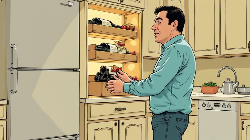 A man in a kitchen organizing wine bottles into a built-in wine rack next to a refrigerator.