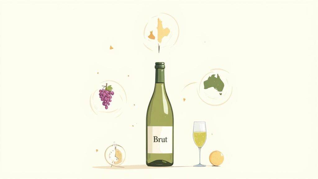 A glass of sparkling wine being poured with celebration lights in the background