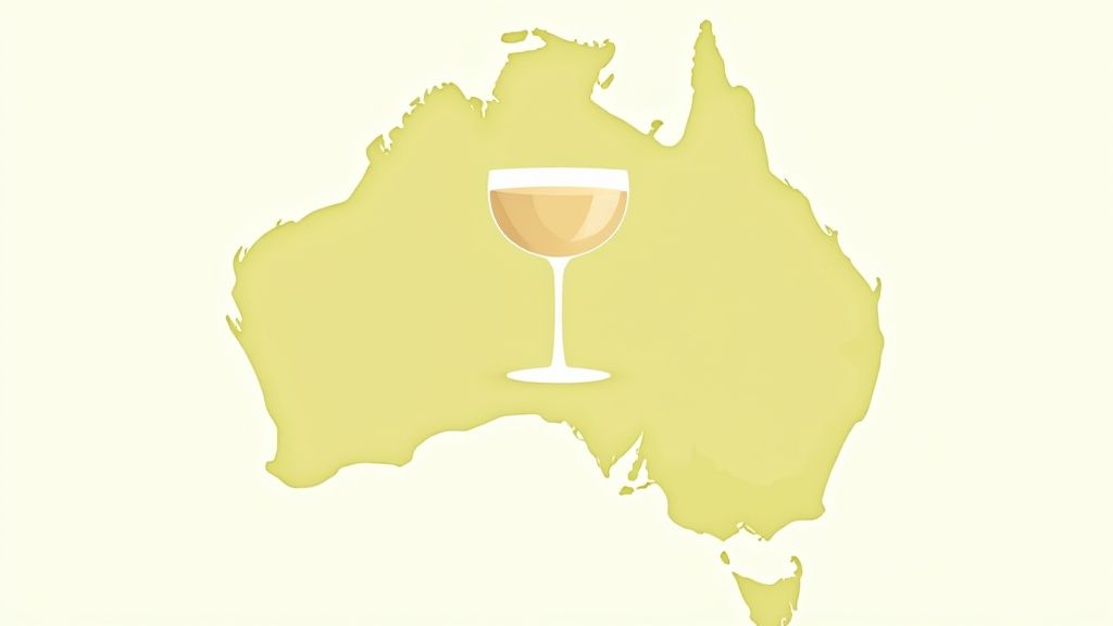 Glass of white wine being poured with a vineyard in a vineyard in the background