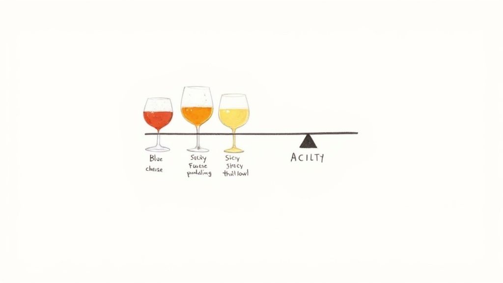 Illustration showing three wine glasses on a balance scale, representing different wine acidity levels with pairings.