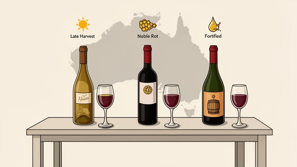 Illustration of three types of Australian sweet wines: Late Harvest, Noble Rot, and Fortified.