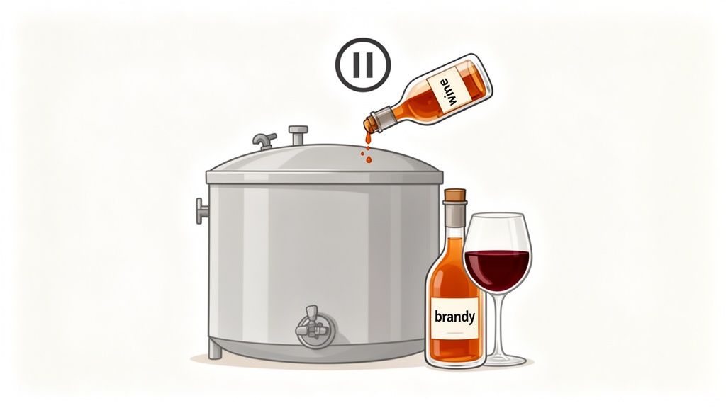 Illustration showing wine poured into a distillation vat to create brandy, with a glass of red wine.
