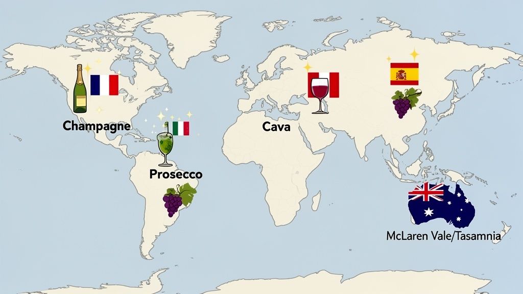 A world map illustrating different sparkling wine regions across continents with national flags and drink icons.