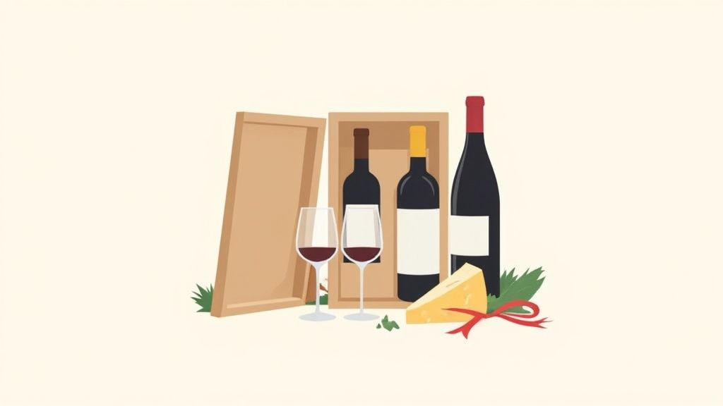 A visually appealing flat lay of a wine gift set featuring bottles, glasses, cheese, and a wooden box.