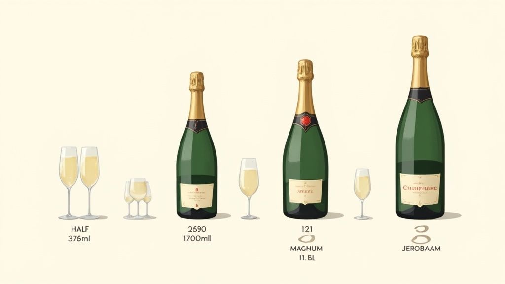 Illustration of various champagne bottle sizes, including Half, Magnum, and Jeroboam, alongside champagne glasses.