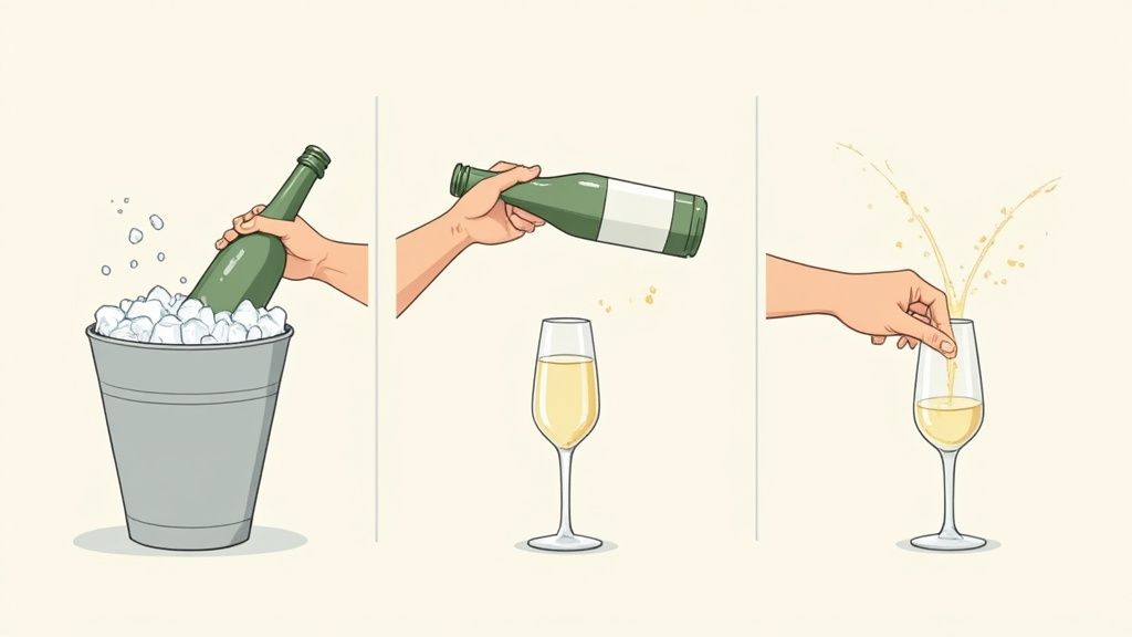 A three-panel illustration showing a hand chilling a champagne bottle in ice, pouring it into a flute, and a glass overflowing.