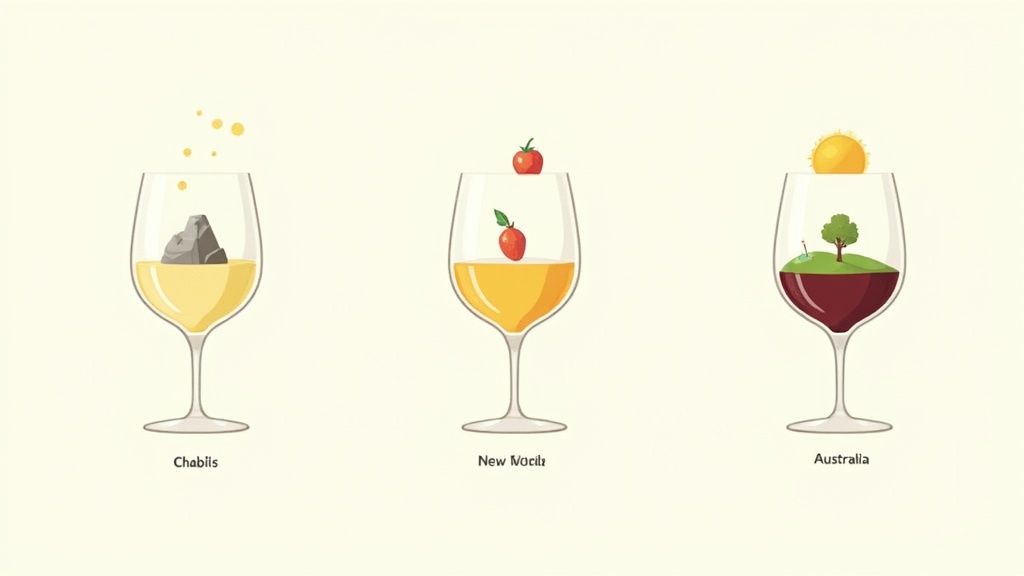 Three wine glasses represent different regions: Chablis with a rock, New World with berries, and Australia with a sunny landscape.