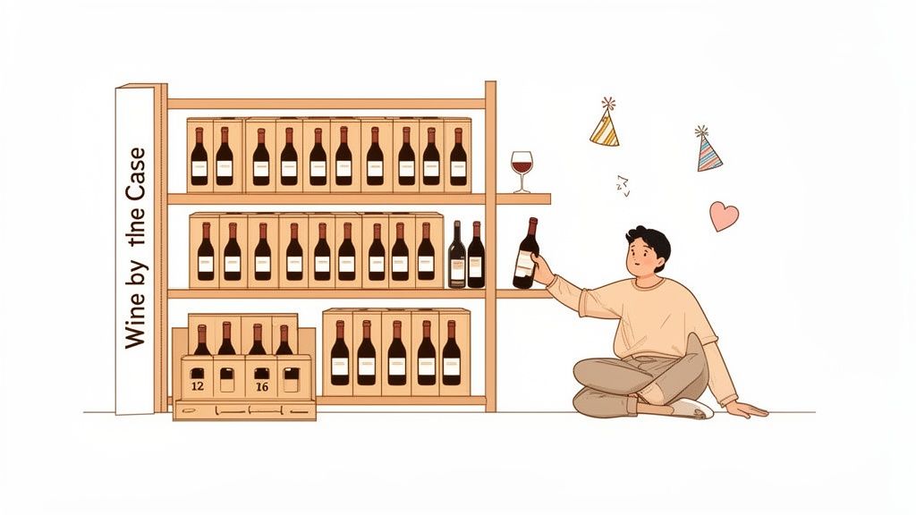 An illustration of a person holding a wine bottle, surrounded by shelves of wine cases and party decorations.
