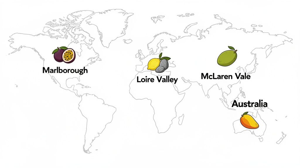 World map illustrating prominent wine regions and their distinct flavor profiles with corresponding fruits and stones.