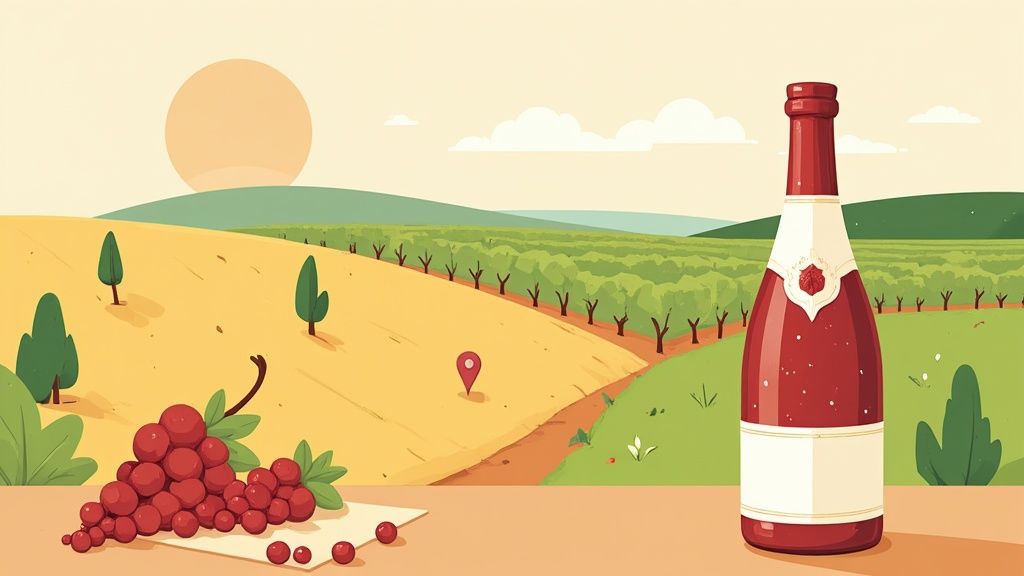 Two glasses of red wine clinking together in front of a scenic vineyard.