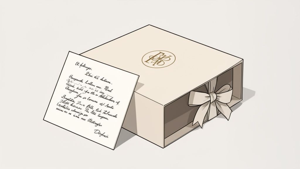 An elegant cream-colored gift box with a gold logo and a handwritten note beside it.
