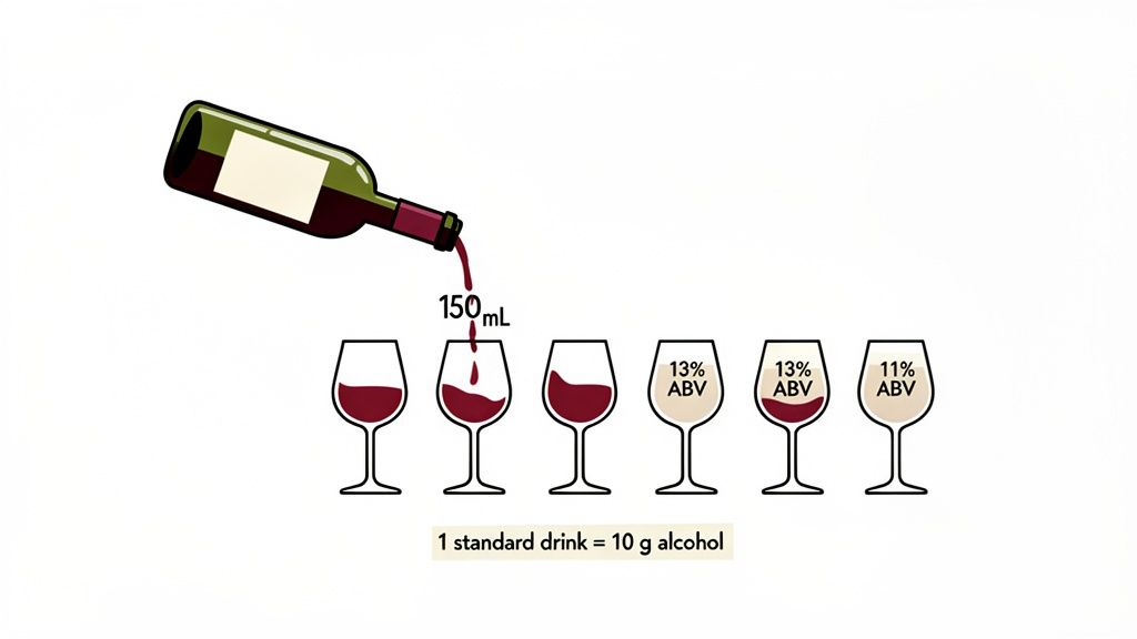 Illustration of wine pouring into glasses, showing 150ml serving size, ABV, and standard drink definition.