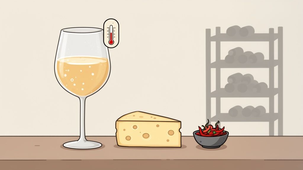 Chilled white wine with a thermometer, a cheese wedge, and a bowl of chilies on a table.