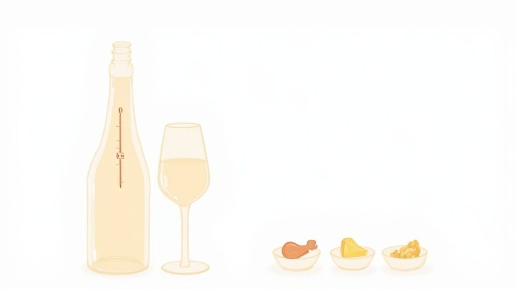 A bottle and glass of sparkling wine are accompanied by three small bowls of snacks.