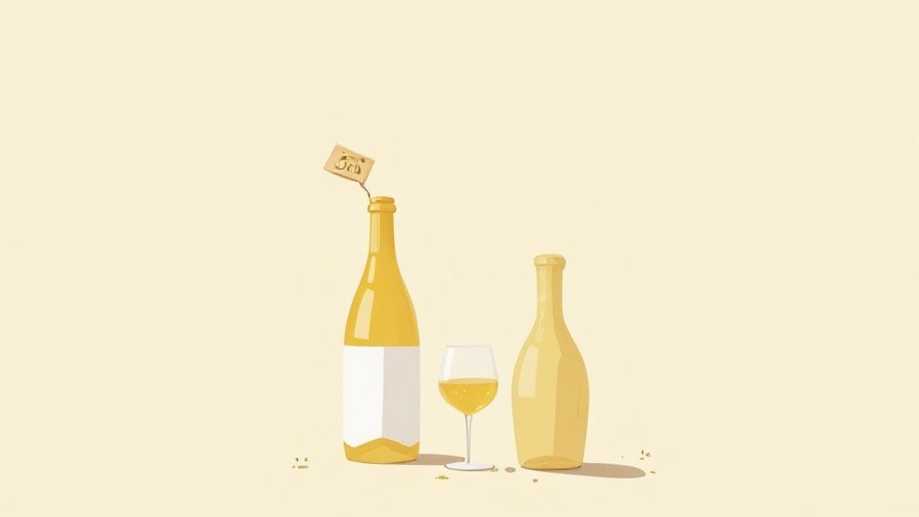 Minimalist illustration of two yellow wine bottles, one with a cork and tag, and a glass of white wine.