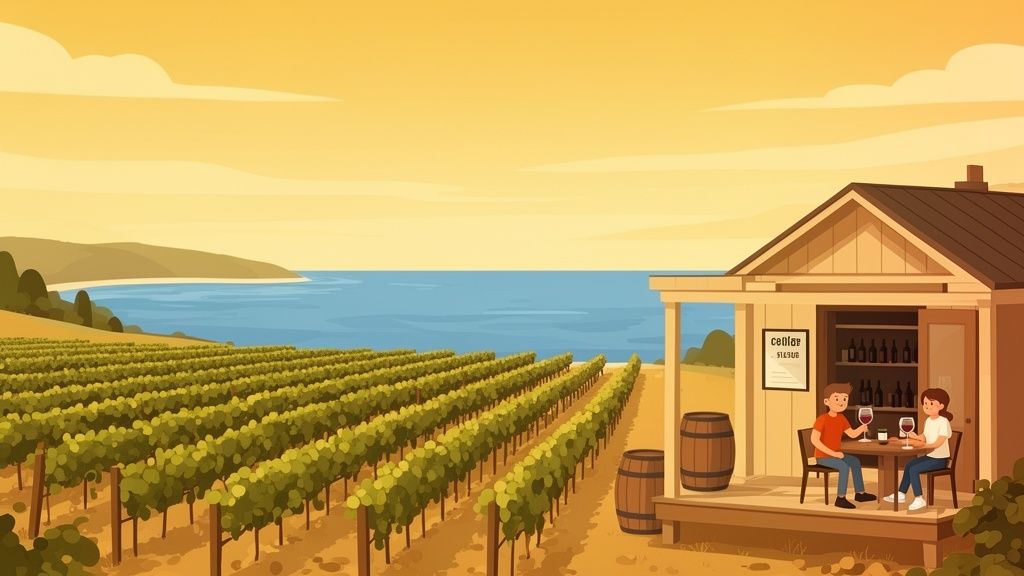 Illustrated vineyard by the sea with a cellar door, where a couple enjoys wine tasting.