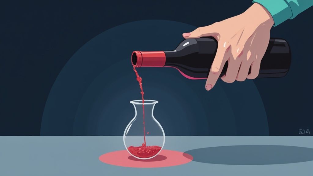 A person carefully decanting red wine, holding a light source under the bottle's neck to see the sediment.