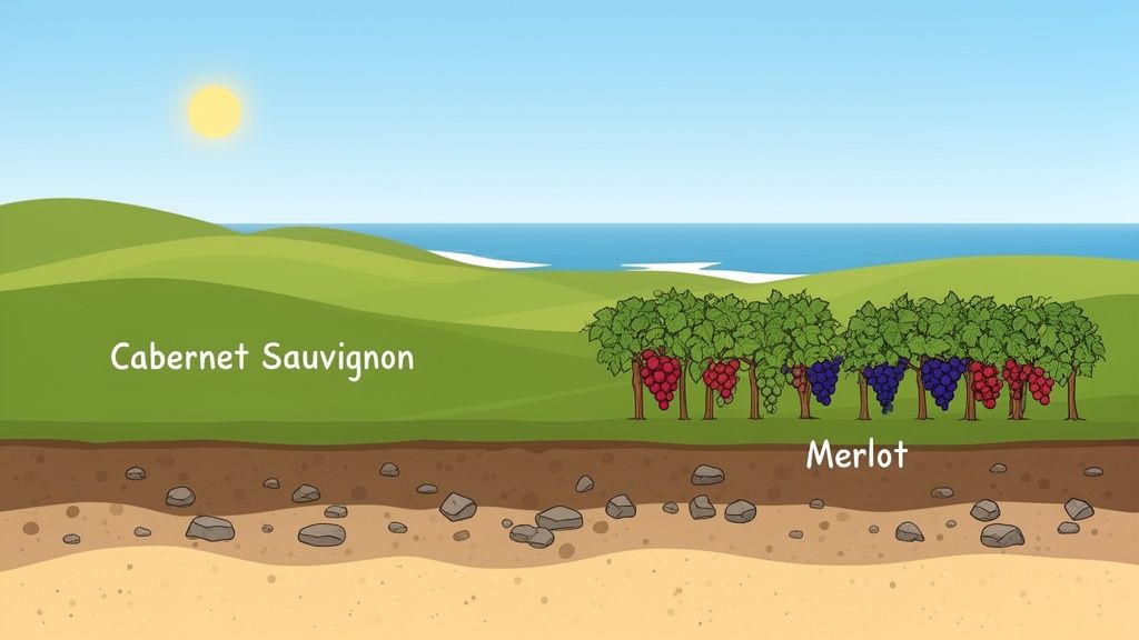 Illustration of grapevines in a landscape with hills, ocean, and rocky soil, labeled Cabernet Sauvignon and Merlot.