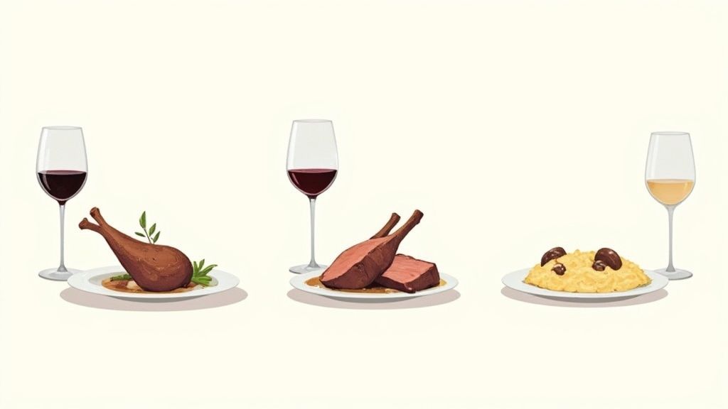 A beautifully arranged dinner table featuring a glass of red wine, a gourmet steak dish, and fresh herbs, ready for pairing.