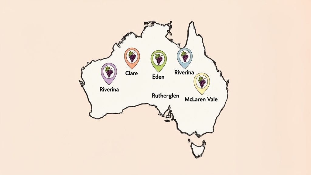Map of Australia highlighting various wine regions, including Riverina, Clare, Eden, Rutherglen, and McLaren Vale.