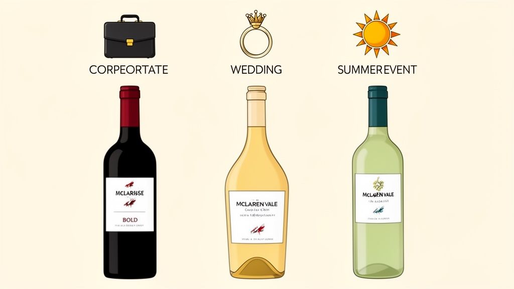 Three distinct wine bottles, red, white, and green, categorized for corporate, wedding, and summer events.