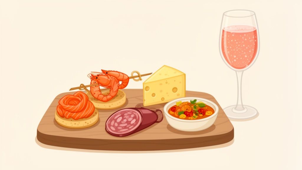 A wooden board filled with appetizers like salmon, shrimp, cheese, and sausage, next to a glass of sparkling rosé wine.
