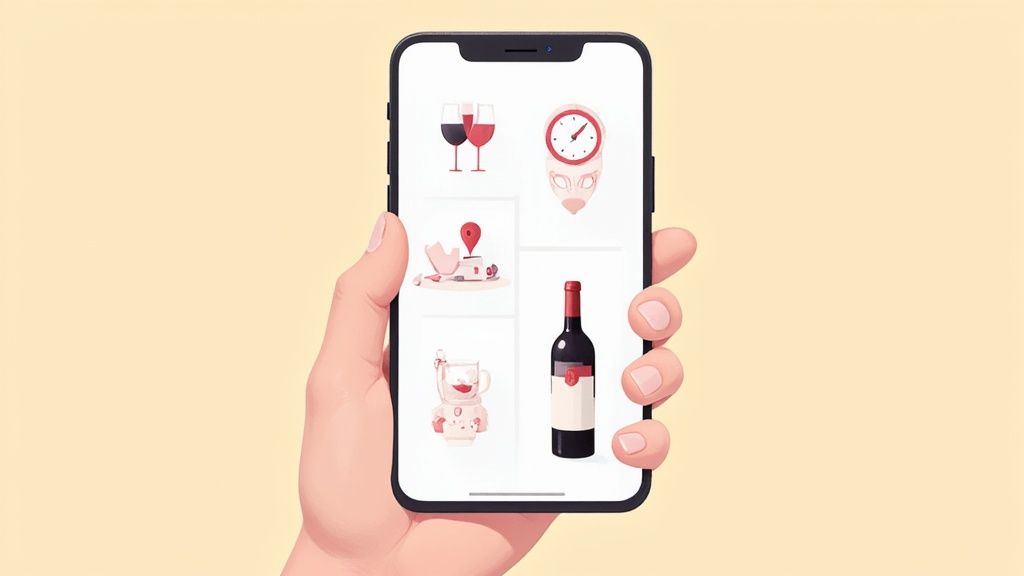 A man carefully selecting a bottle of wine from a well-stocked wine rack.