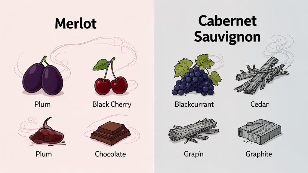 Merlot and Cabernet Sauvignon wine flavor profiles with fruits, chocolate, wood, and graphite notes.