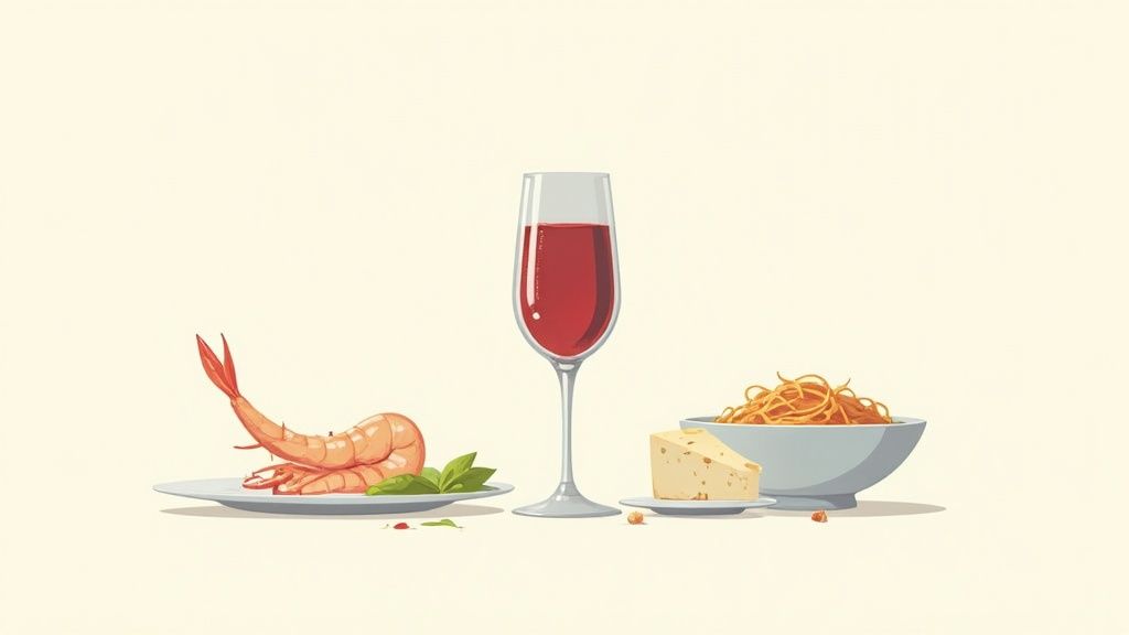 A minimalist still life with cooked shrimp, red wine, pasta, and cheese on a light background.