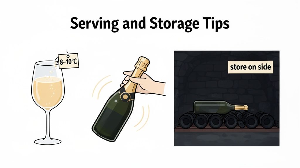 Serving and storage tips for sparkling wine, illustrating ideal temperature, handling, and horizontal storage.