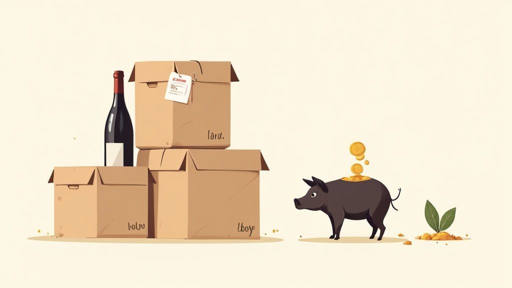 Cardboard moving boxes, a wine bottle, and a piggy bank with coins next to a growing plant.
