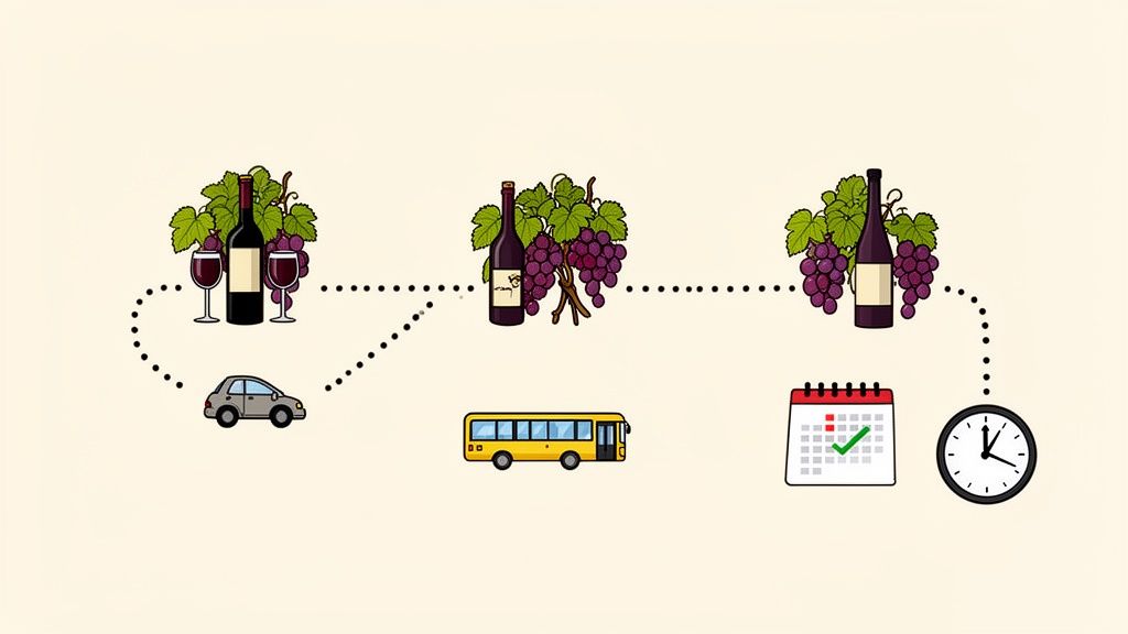 A wine tour graphic showing grapes, wine, a car, bus, calendar, and clock on a dotted path.