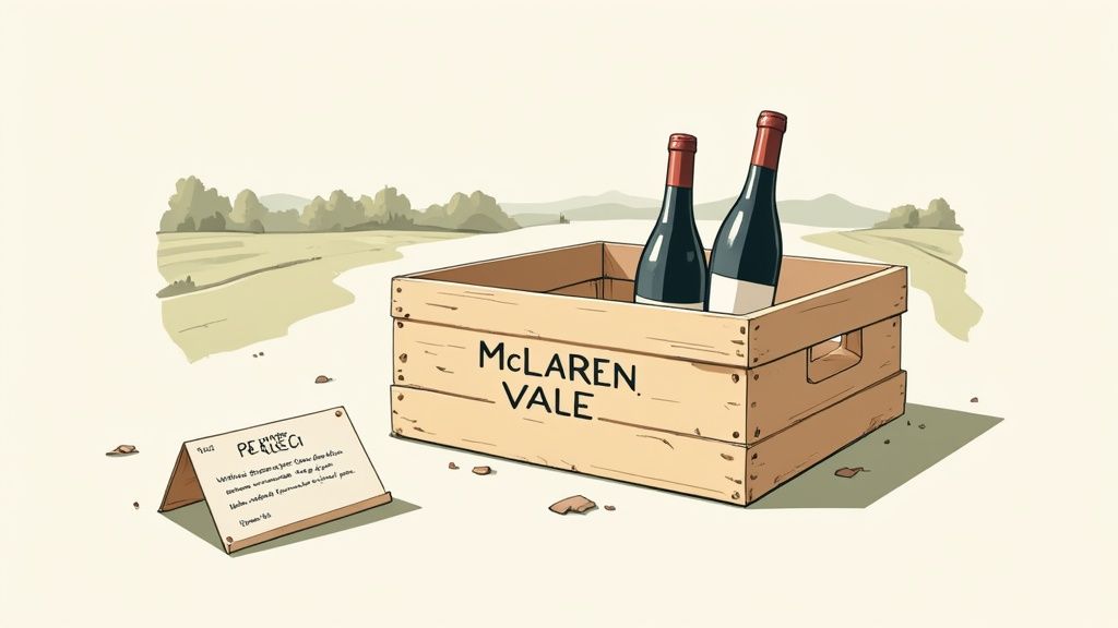 McLaren Vale wooden wine crate with two bottles in vineyard landscape setting