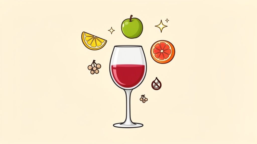 A vibrant illustration of red wine in a glass, surrounded by various fruits like lemon, apple, grapefruit, and grapes.