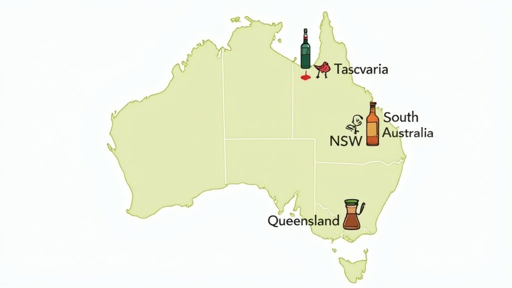 A scenic view of an Australian distillery with rolling hills in the background.
