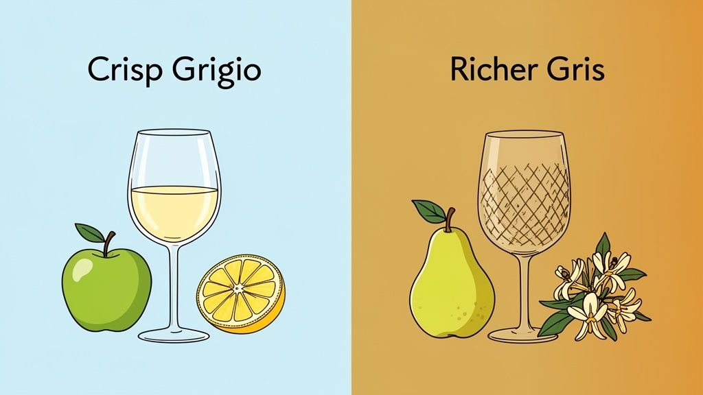 Illustration comparing Crisp Grigio with a green apple and lemon to Richer Gris with a pear and white flowers.