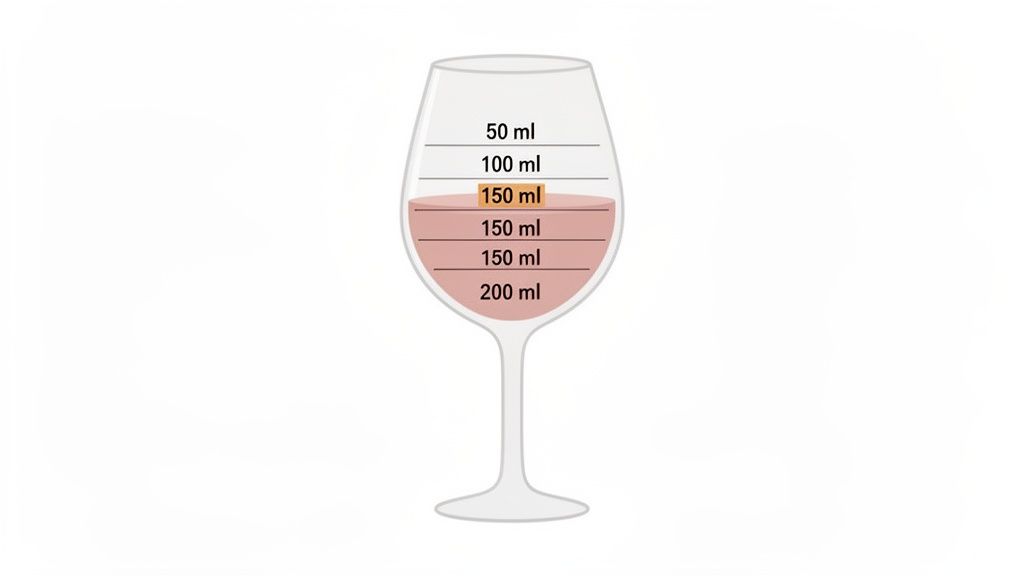 A wine glass with horizontal measurement lines indicating different liquid volumes from 50ml to 200ml, with 150ml highlighted.