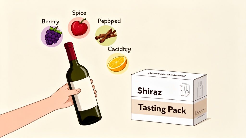 Hand holding a wine bottle, with berry, spice, cinnamon, and citrus flavor profiles, next to a Shiraz tasting pack.