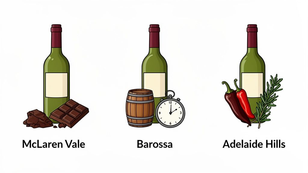 Three wine bottles illustrating Australian wine regions: McLaren Vale (chocolate), Barossa (aged in barrel), and Adelaide Hills (spicy, herbal notes).