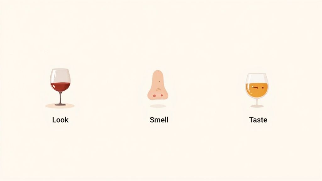 Minimalist illustrations depicting the sensory evaluation of wine, showing look, smell, and taste components.