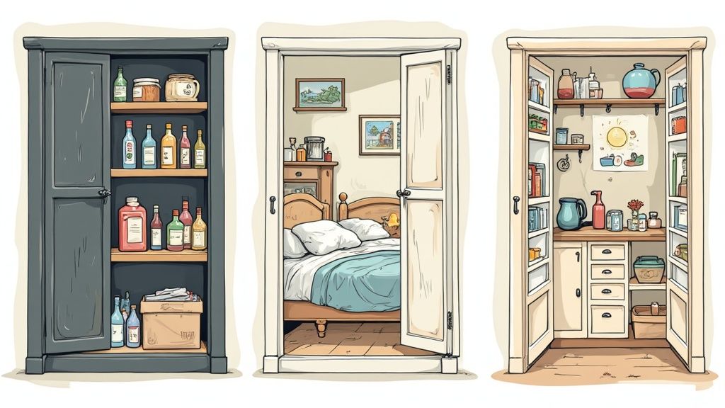 A triptych of whimsical cartoon illustrations: a dark pantry, a cozy bedroom, and a bright utility closet.
