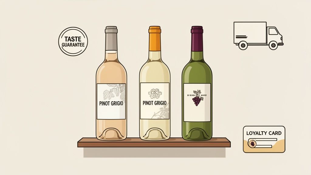 Three bottles of Pinot Grigio wine on a shelf, with icons for taste guarantee, delivery, and a loyalty card.