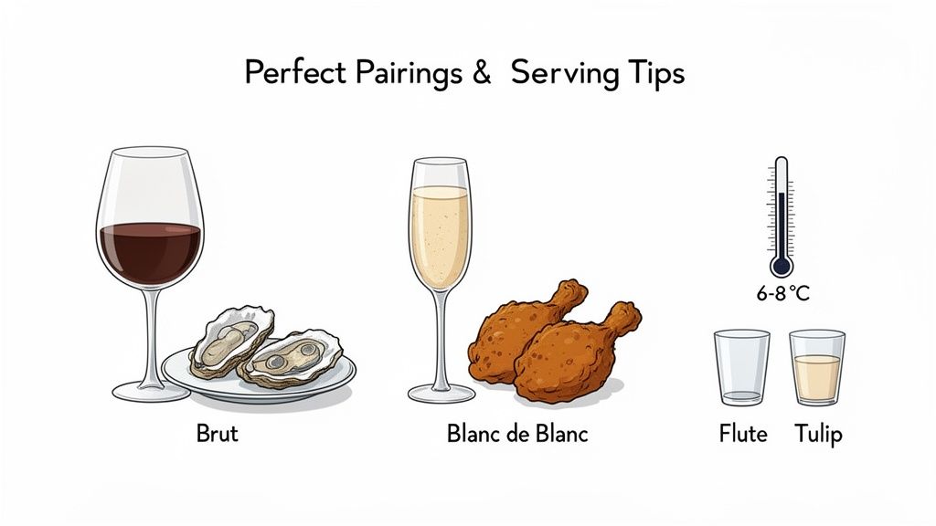 Illustrations of sparkling wine pairings: Brut with oysters, Blanc de Blanc with fried chicken, serving temperature, and glass types.