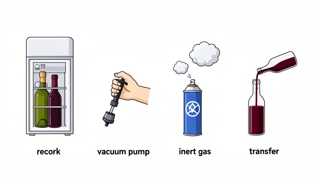 Four illustrations showing methods to preserve opened wine: recorking, vacuum pumping, inert gas, and transferring.
