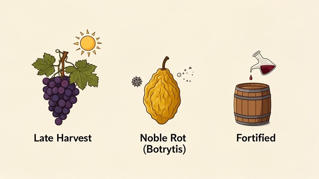 Three illustrations showing methods for making sweet wines: late harvest grapes, noble rot, and fortified winemaking.