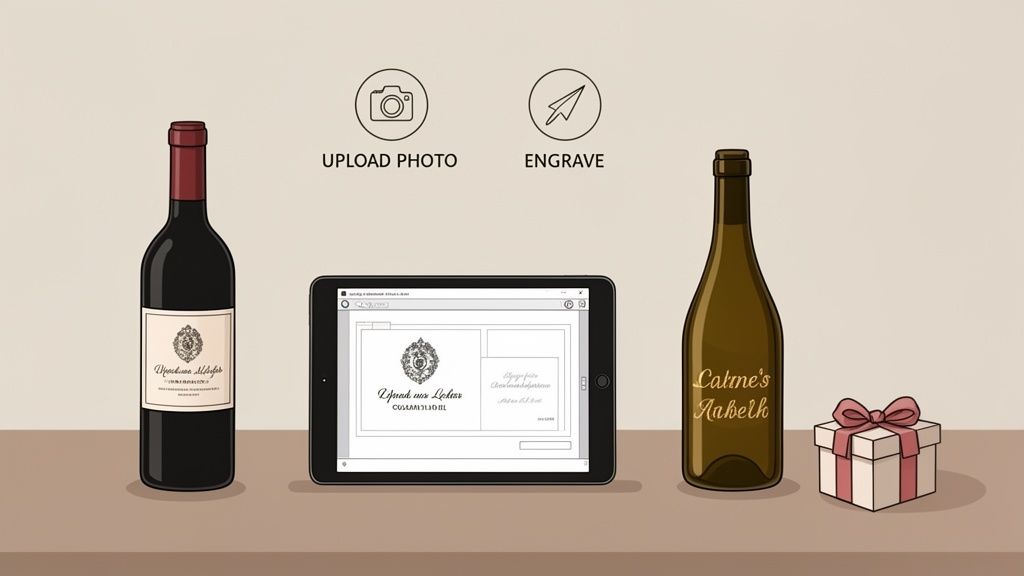A visual guide to personalizing wine bottles with custom labels, engravings, and a gift box.