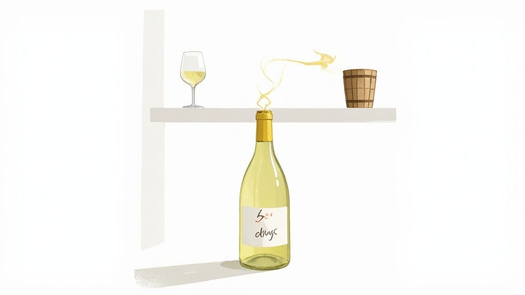 A white wine bottle with vapor rising, a glass, and a wooden bucket, symbolizing wine's short lifespan after opening.