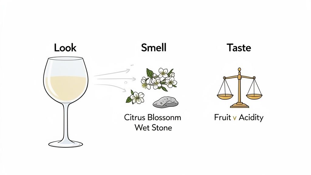 Illustration of wine evaluation, showing look, smell (citrus blossom, wet stone), and taste (fruit vs. acidity).